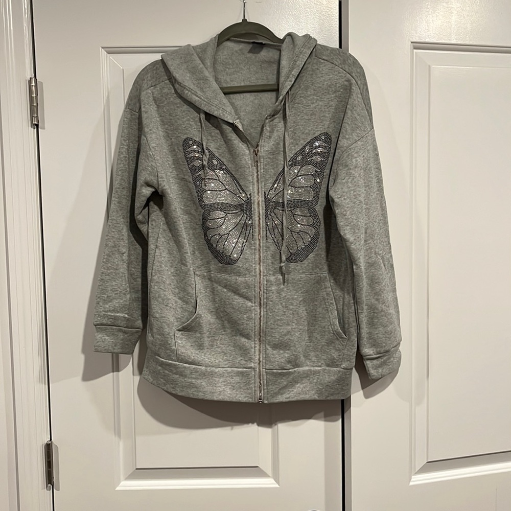 Shein grey butterfly zip up hoodie size medium